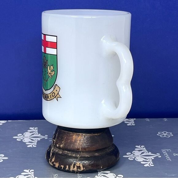 Ontario Coat of Arms Milk Glass Wood Base Pedestal Mug vintage - Picture 2 of 9